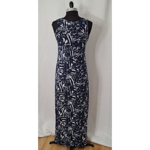 Eddie Bauer Beachy Maxi Blue Geo Print Empire High Waist Cool Cotton Dress Sz M - Picture 4 of 14